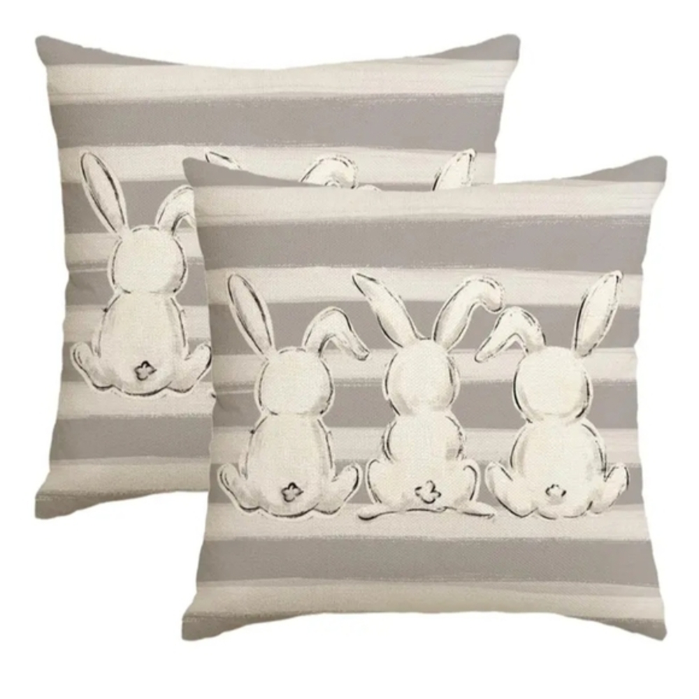 Easter Pillow Covers Bunny Rabbit Home‎ Decor Gray & White 2 Piece 17.5" x 17.5"